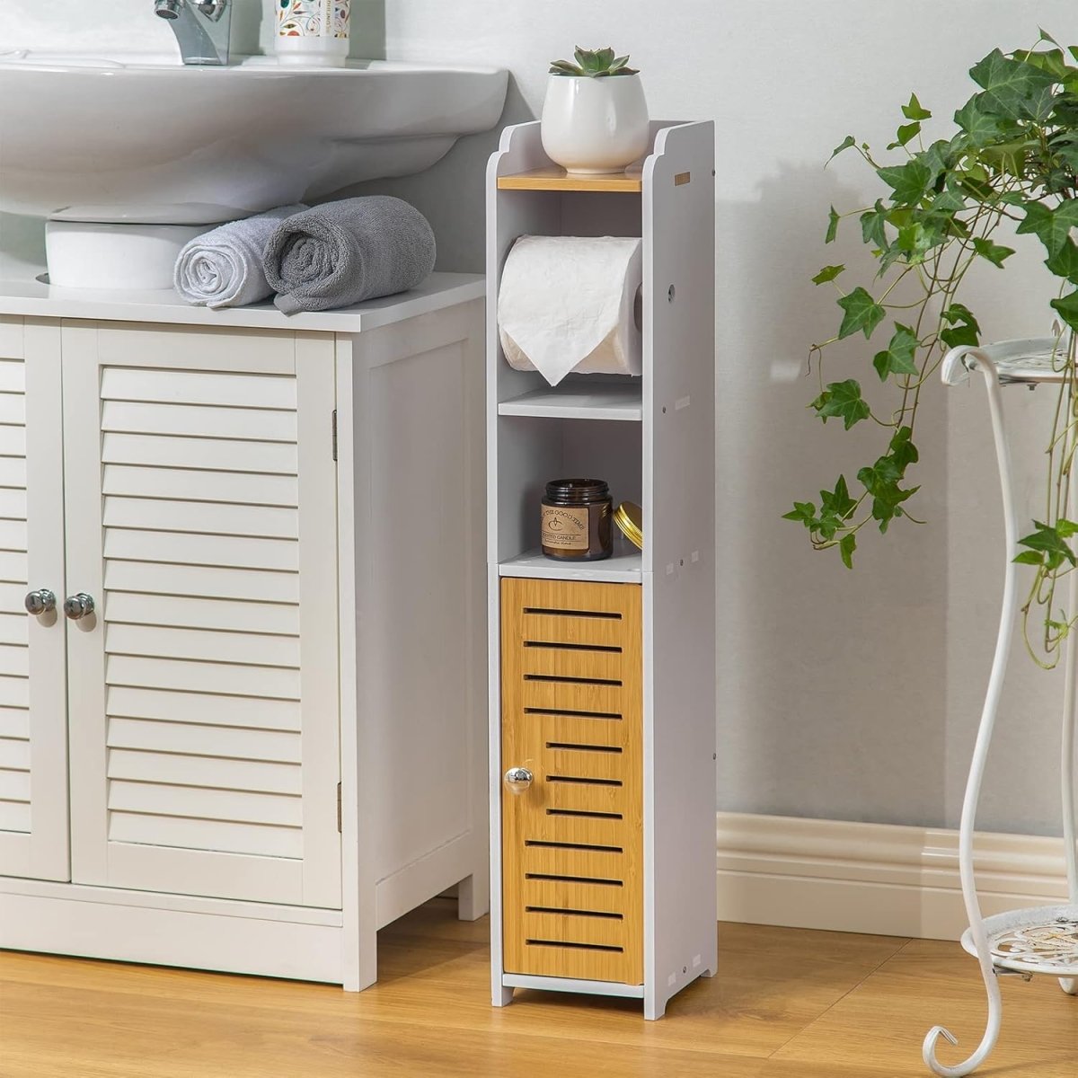 AOJEZOR Toilet Paper Holder Stand: No Drill PVC Small Bathroom Cabinet for Apartment Dwellers - Rental Deposit Protection - Small Space Storage Saving - Homesidy.com