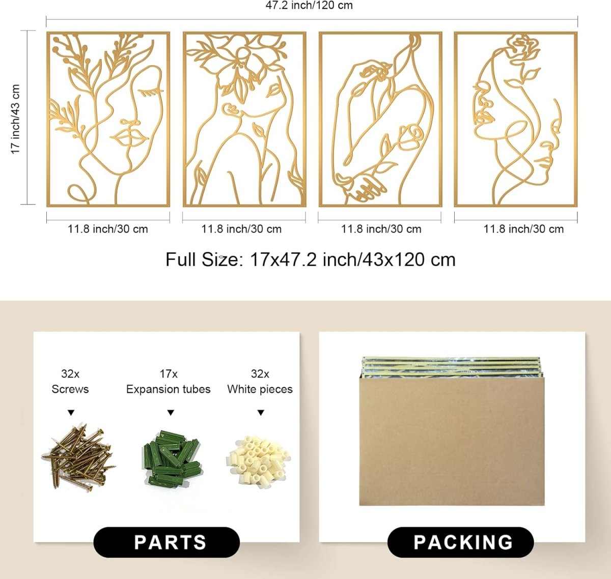 Glamativity 4 Pack Gold Wall Art Decor, Minimalist Single Line Real Metal Wall Art, Womans Body Shape Abstract Wall Art (Gold Classic Style, 17 x 11.8) - Homesidy.com