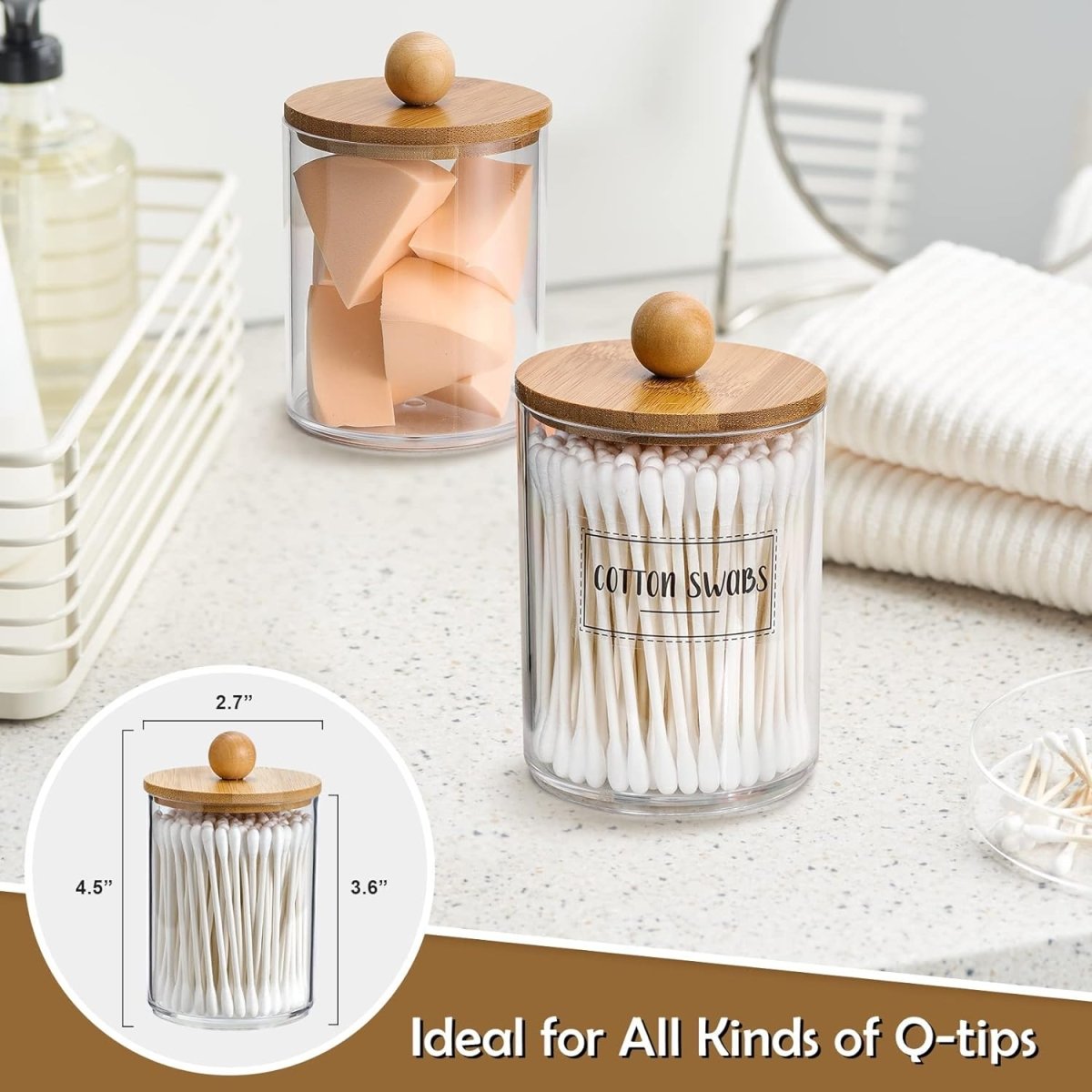 4 Pack Qtip Holder Dispenser with Bamboo Lids - 10 oz Clear Plastic Apothecary Jar Containers for Vanity Makeup Organizer Storage - Bathroom Accessories Set for Cotton Swab, Ball, Pads, Floss - Homesidy.com
