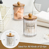 4 Pack Qtip Holder Dispenser with Bamboo Lids - 10 oz Clear Plastic Apothecary Jar Containers for Vanity Makeup Organizer Storage - Bathroom Accessories Set for Cotton Swab, Ball, Pads, Floss - Homesidy.com