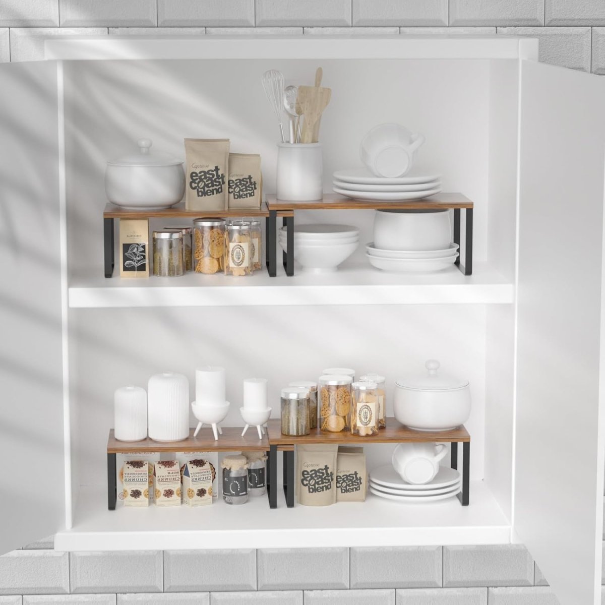 NEX Bamboo Kitchen Cabinet and Counter Shelf Organizer, Stackable &amp; Expandable, Set of 4, White and Natural - Homesidy.com