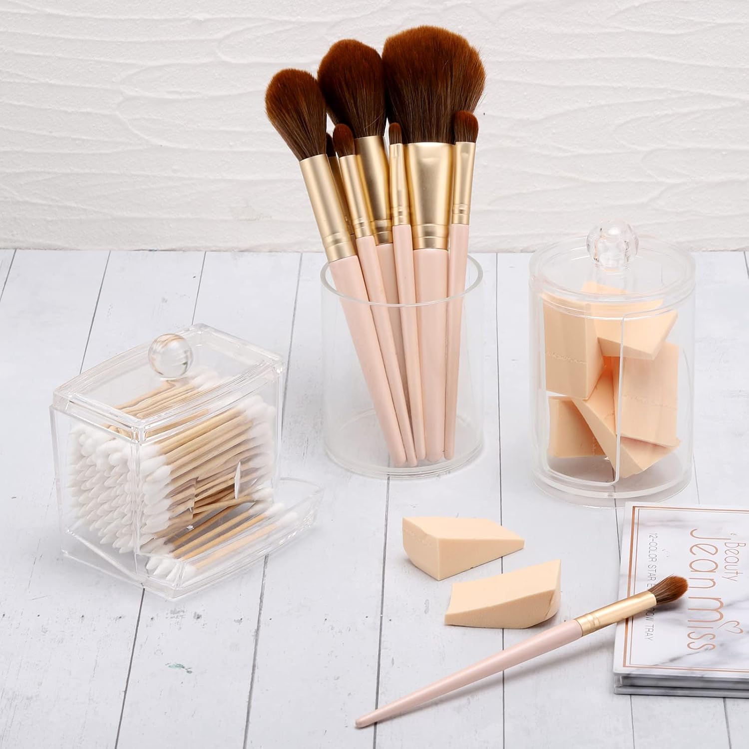 Tbestmax Qtips Holder Bathroom Container, 10 OZ Cotton Ball/Swabs Dispenser, Apothecary Jar Organizer for Storage Brown Wood Lids - Homesidy.com