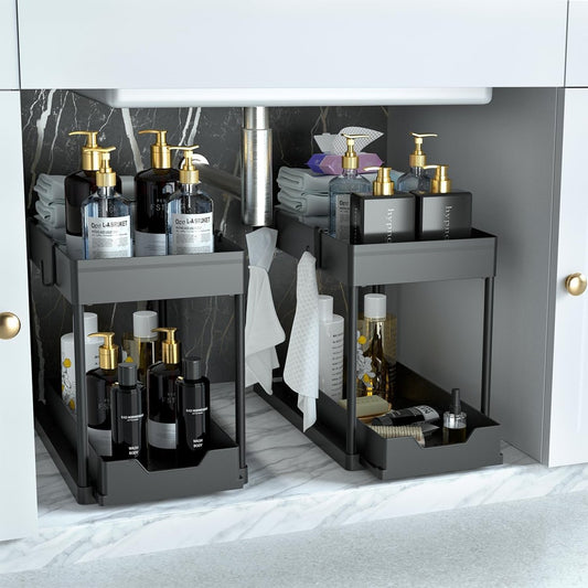 DEKAVA Under Sink Organizer 2 Pack, Bathroom Cabinet Organizer, 2 Tier Sliding Cabinet Basket Organizer Drawer, Multi - Purpose Bath Collection Baskets for Bathroom (Black) - Homesidy.com