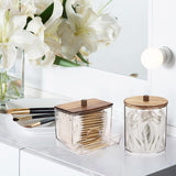 Tbestmax Qtips Holder Bathroom Container, 10 OZ Cotton Ball/Swabs Dispenser, Apothecary Jar Organizer for Storage Brown Wood Lids - Homesidy.com
