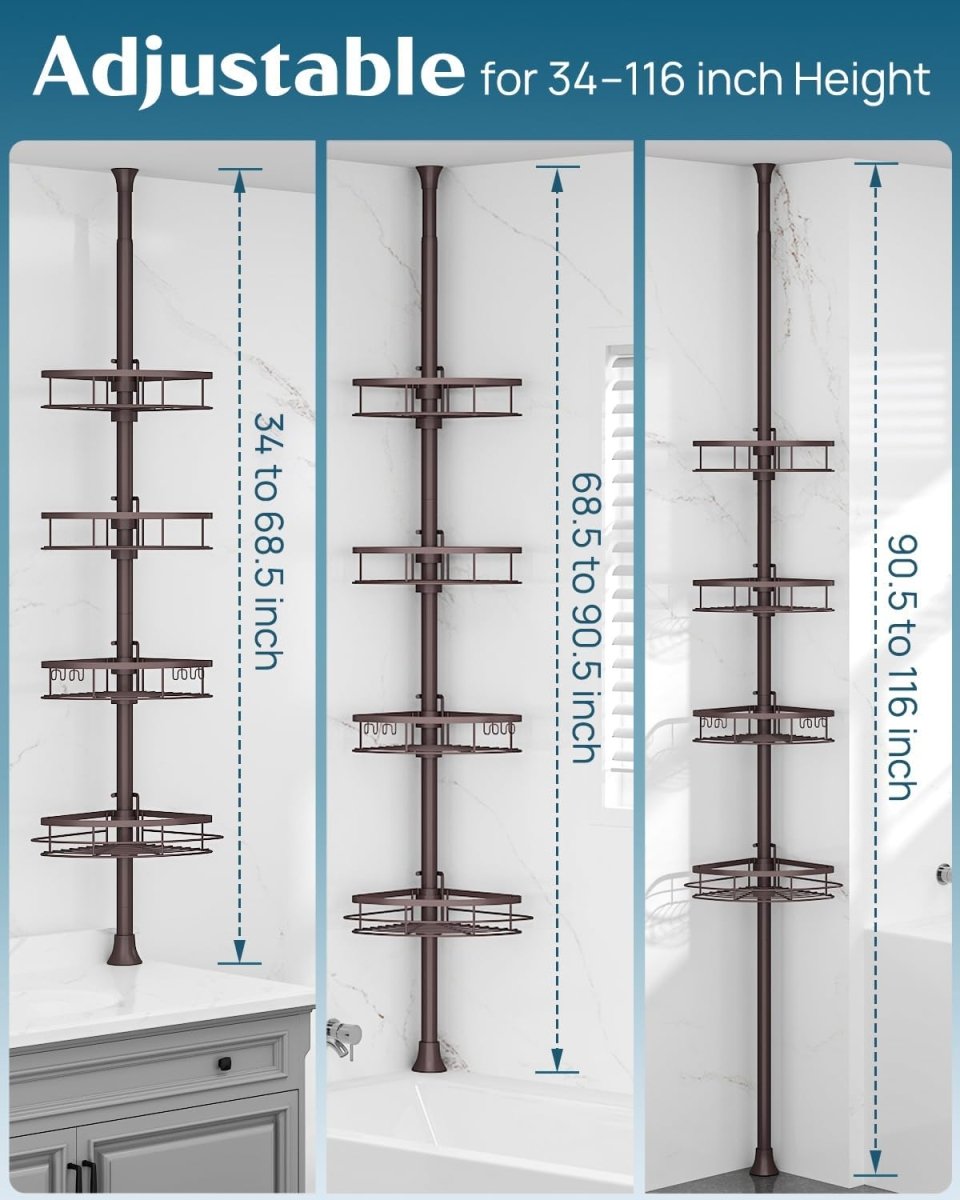 SEIRIONE Rustproof Shower Corner Caddy Organizer for Bathroom, 4 Adjustable Shelves with Tension Pole, for Bathtub Shampoo Accessories Storage Holder, 34 to 116 Inch Height - Homesidy.com