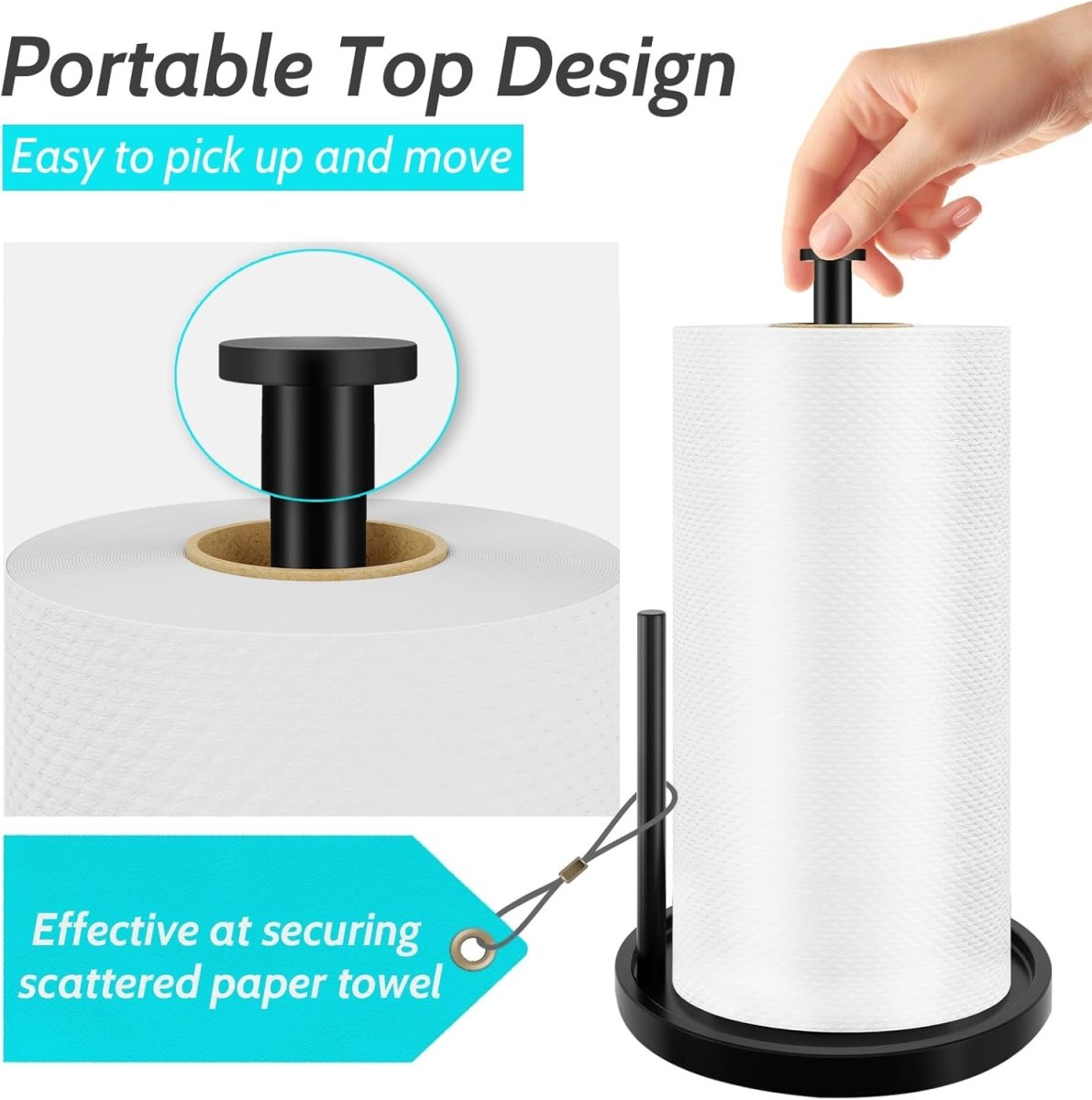 Paper Towel Holder Countertop, Standing Paper Roll Holder with Anti Slip Weighted Base, Stainless Steel Freestanding Paper Towel Holder for Kitchen, Black - Homesidy.com