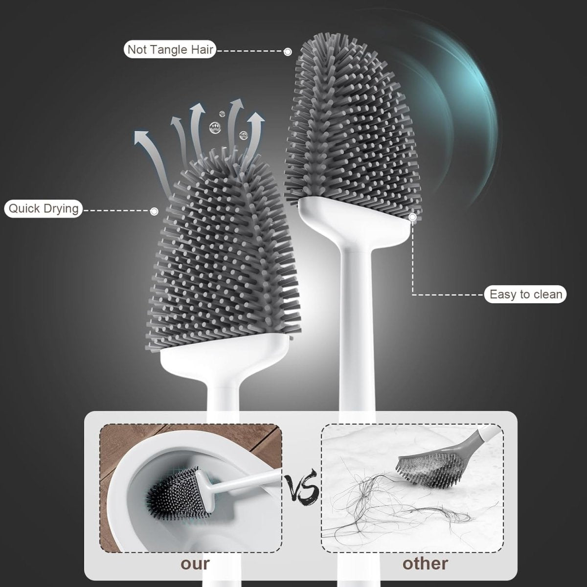 Sellemer Toilet Brush and Holder Set - Flexible Toilet Bowl Brush Head with Silicone Bristles, Compact Size for Storage and Organization, Ventilation Slots Base (1 Pack, Silver) - Homesidy.com