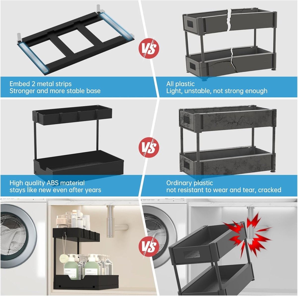 2 Pack Under Sink Organizer 2 Tier Sliding Cabinet Organizers Multi - Purpose Sink Storage Basket L - Shape Narrow Space Storage Shelves with 4 Hook for Kitchen Bathroom Drawer, Black - Homesidy.com
