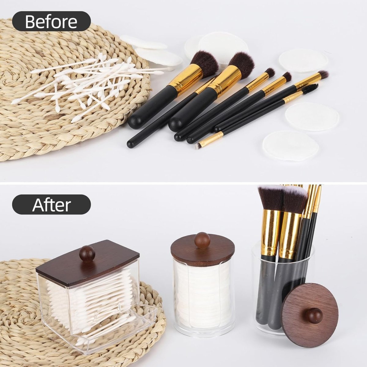 Tbestmax Qtips Holder Bathroom Container, 10 OZ Cotton Ball/Swabs Dispenser, Apothecary Jar Organizer for Storage Brown Wood Lids - Homesidy.com
