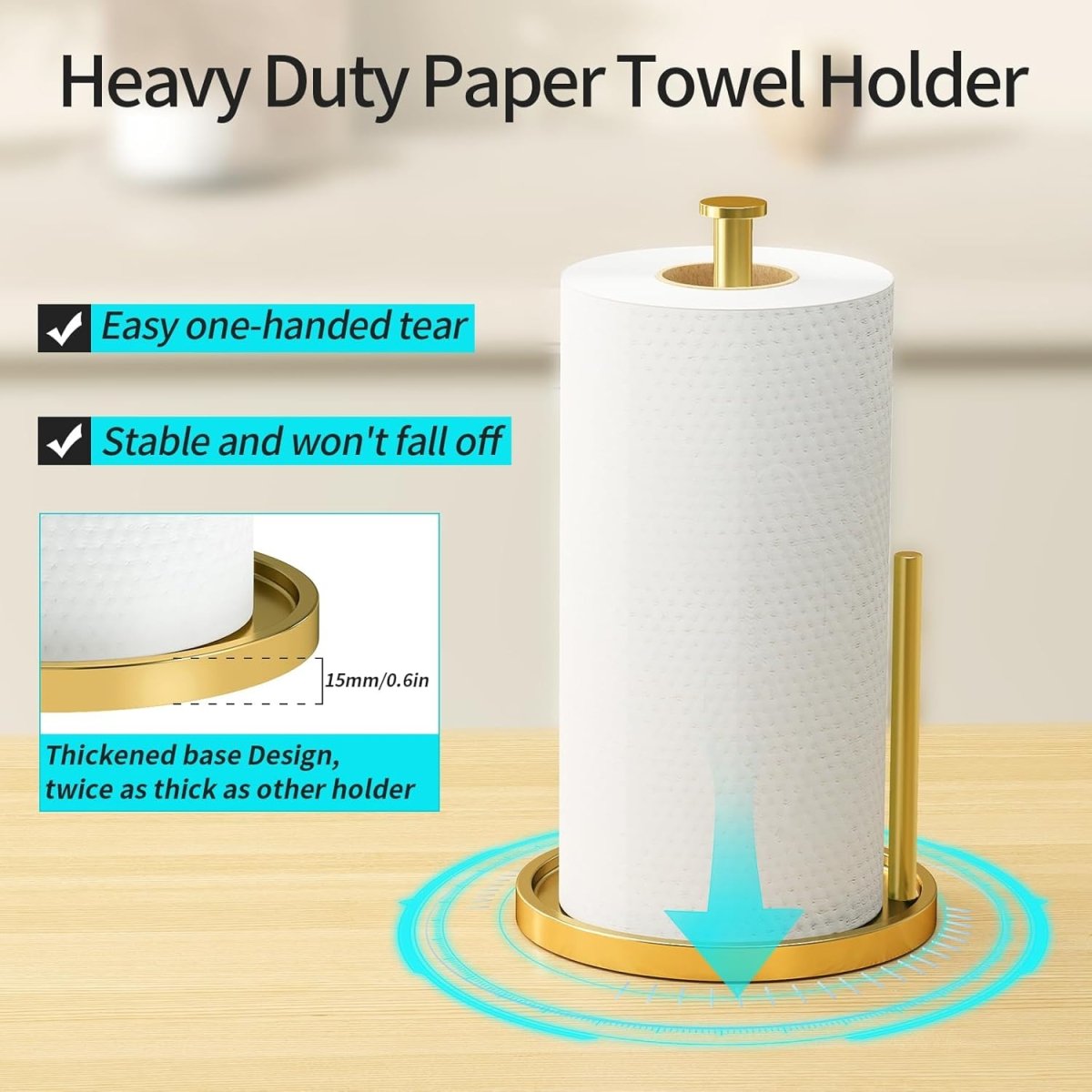 Paper Towel Holder Countertop, Standing Paper Roll Holder with Anti Slip Weighted Base, Stainless Steel Freestanding Paper Towel Holder for Kitchen, Black - Homesidy.com
