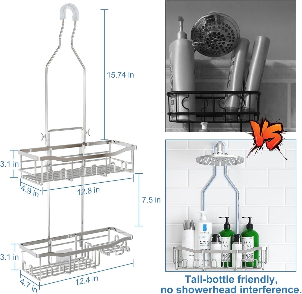 Joqixon Upgraded Extended Length Shower Organizer with Hooks, Rustproof Shampoo Soap Holder, Large Hanging Bathroom Caddy - Homesidy.com