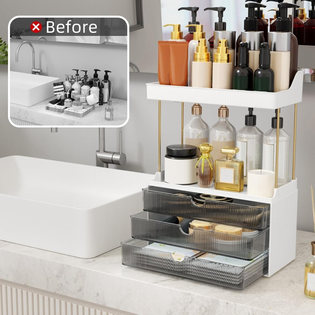 StorBin 3 Drawers Makeup Organizer - 5 Tier Bathroom Counter Organizers and Storage, Versatile Perfume Vanity Organizer, Ideal for Cosmetic, Large Skincare, Face Mask, Office Supplies, Amber - Homesidy.com