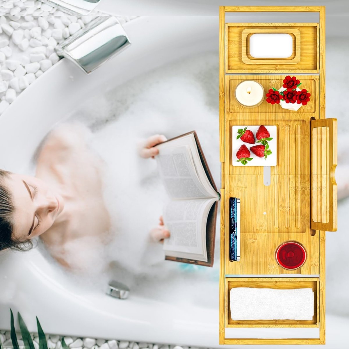 Premium Bamboo Bathtub Tray Caddy - Bath Tub Tray Table for Bathtub - Bath Caddy Tray for Bathtub, Expandable Size, Fits Most Bath Tubs - Homesidy.com