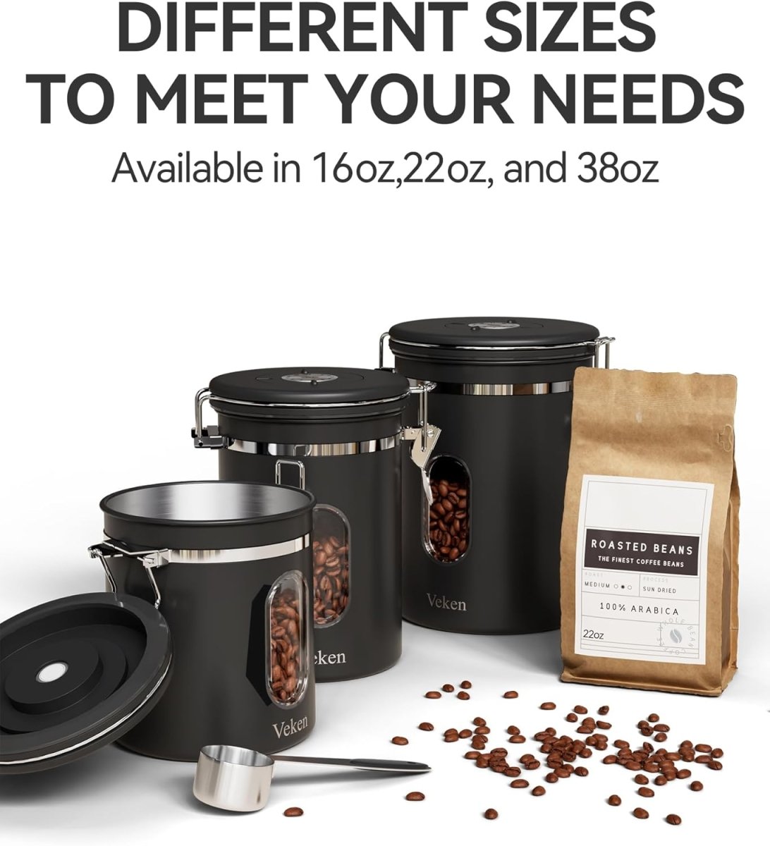 Veken Coffee Canister with Window,Airtight Stainless Steel Pantry Container,Home Kitchen Food Storage Organizers for Ground,Beans,Espresso,Rice,Tea,Sugar,Cereal, Flour,Bar Accessories,Gifts,22OZ,Black - Homesidy.com