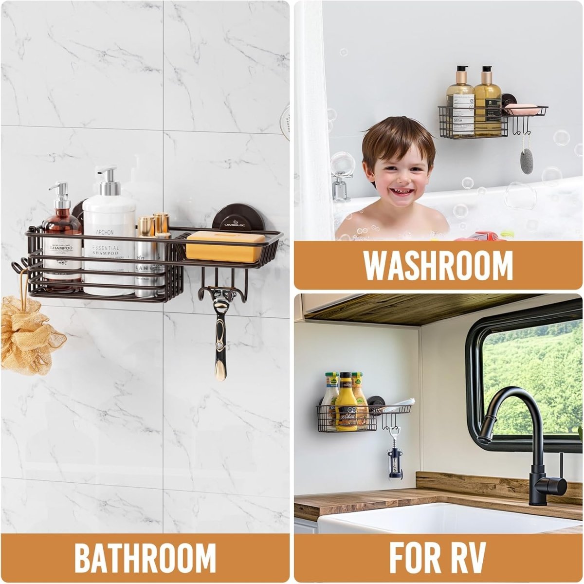 LEVERLOC Shower Caddy Suction Cup, 2 Pack Shower Shelves for Inside Shower with Hooks &amp; Soap Holder, NO - Drilling Bathroom Shower Organizer, Rustproof Meatl Shower Holder Storage, Black - Homesidy.com