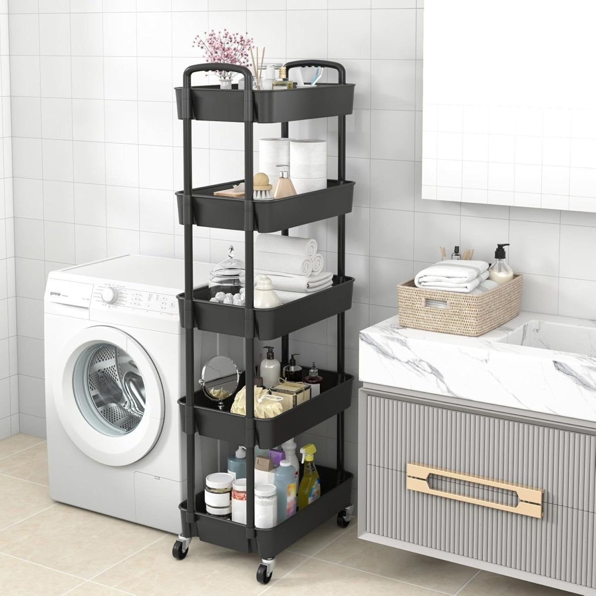 Sywhitta 3 - Tier Plastic Rolling Utility Cart with Handle, Multi - Functional Storage Trolley for Office, Living Room, Kitchen, Movable Storage Organizer with Wheels, White - Homesidy.com
