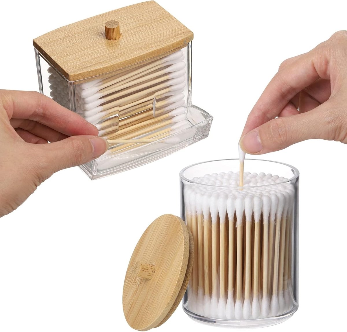 Tbestmax Qtips Holder Bathroom Container, 10 OZ Cotton Ball/Swabs Dispenser, Apothecary Jar Organizer for Storage Brown Wood Lids - Homesidy.com