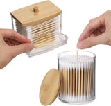 Tbestmax Qtips Holder Bathroom Container, 10 OZ Cotton Ball/Swabs Dispenser, Apothecary Jar Organizer for Storage Brown Wood Lids - Homesidy.com