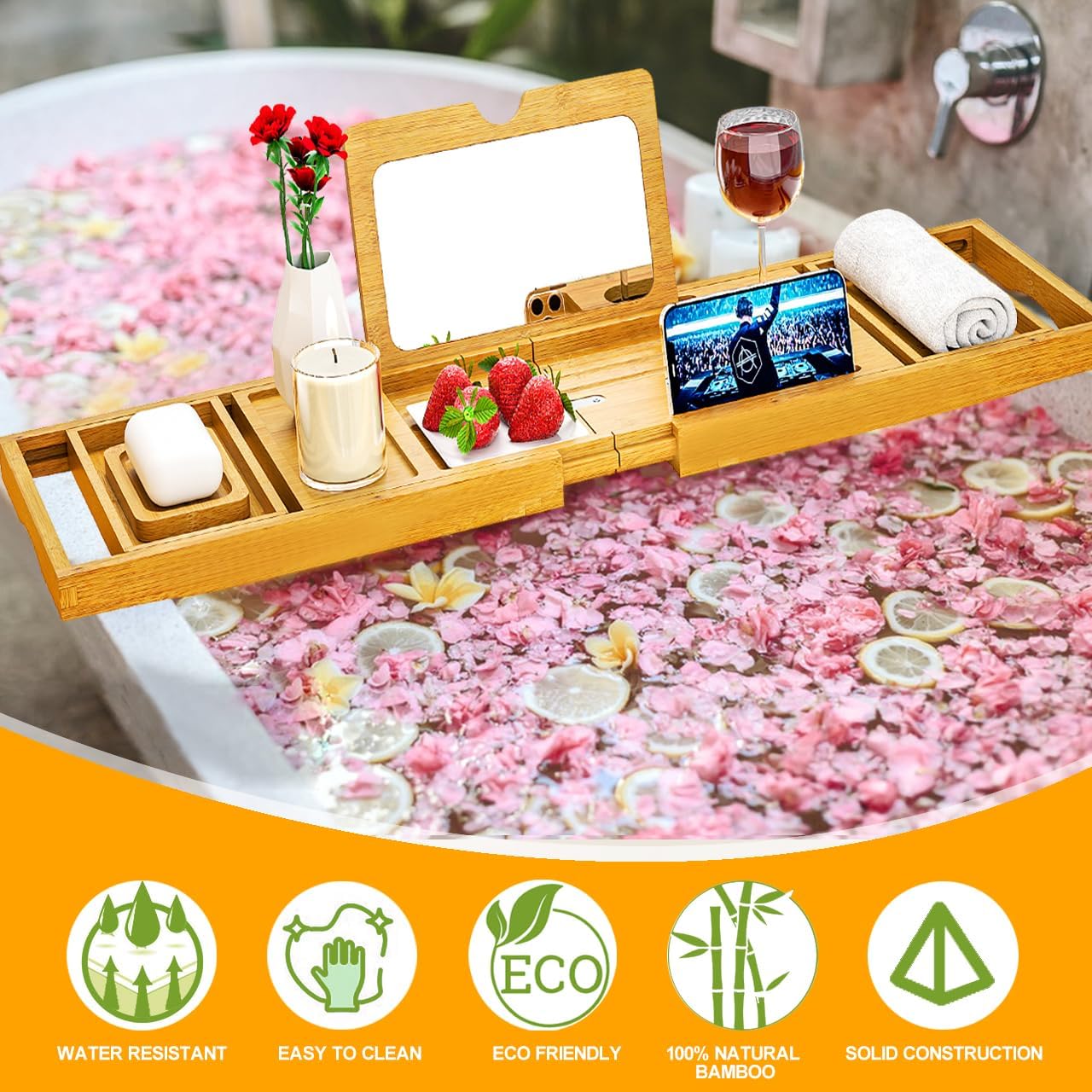 Premium Bamboo Bathtub Tray Caddy - Bath Tub Tray Table for Bathtub - Bath Caddy Tray for Bathtub, Expandable Size, Fits Most Bath Tubs - Homesidy.com