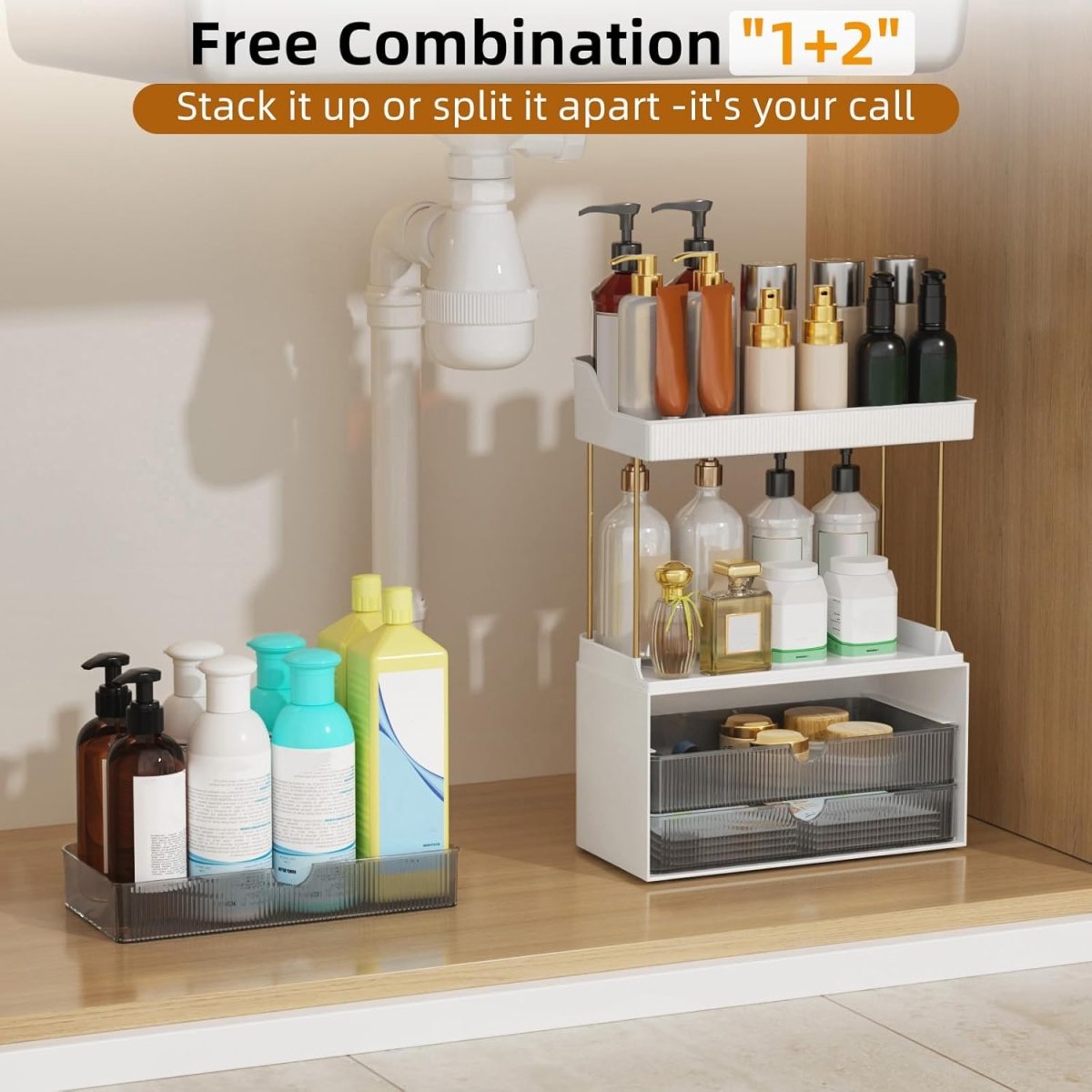 StorBin 3 Drawers Makeup Organizer - 5 Tier Bathroom Counter Organizers and Storage, Versatile Perfume Vanity Organizer, Ideal for Cosmetic, Large Skincare, Face Mask, Office Supplies, Amber - Homesidy.com