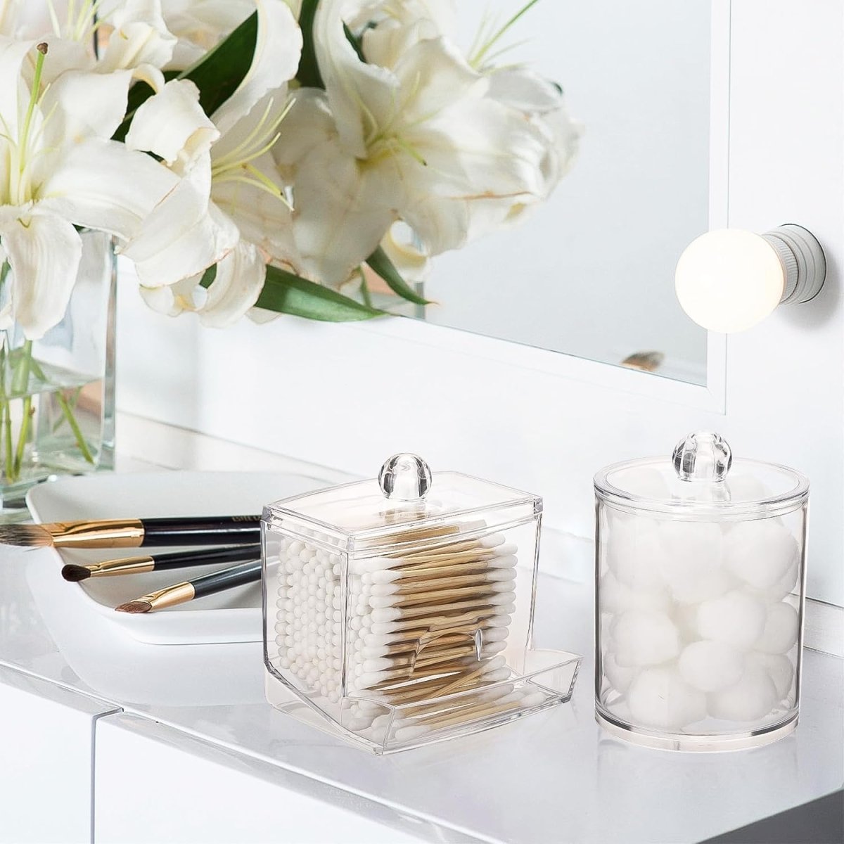 Tbestmax Qtips Holder Bathroom Container, 10 OZ Cotton Ball/Swabs Dispenser, Apothecary Jar Organizer for Storage Brown Wood Lids - Homesidy.com
