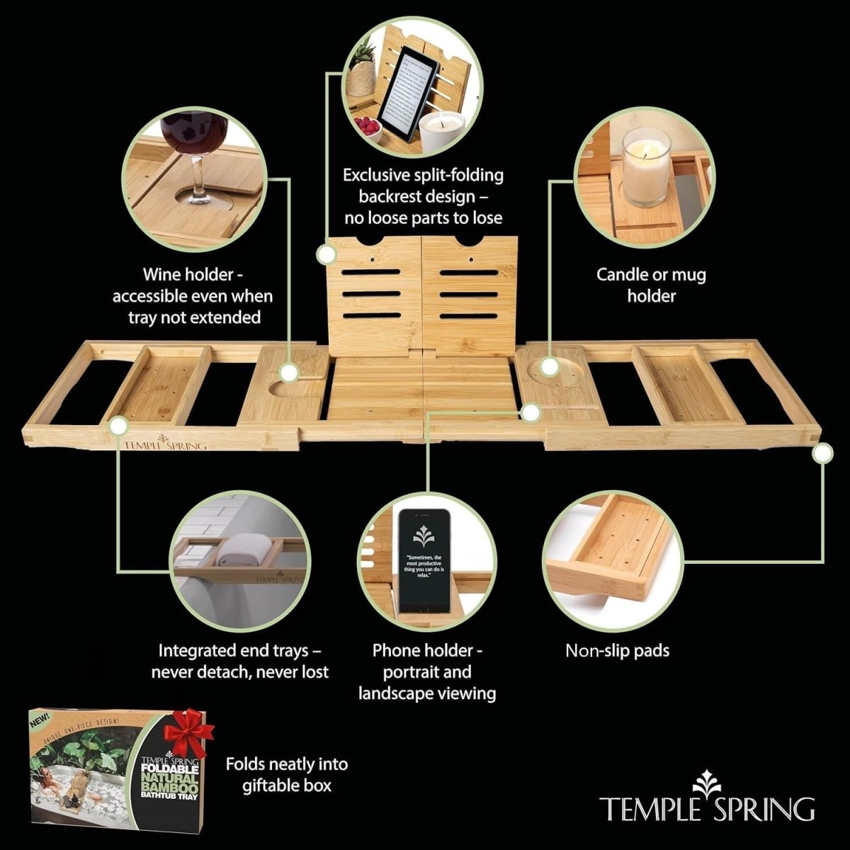 Temple Spring Wooden Bathtub Tray, Bamboo Bathroom Accessories, Bath Tray for Tub, at Home Spa Essentials, Board for Tub Table, Bath Caddy for Bathtub Accessories &amp; Bathroom Essentials – Natural - Homesidy.com