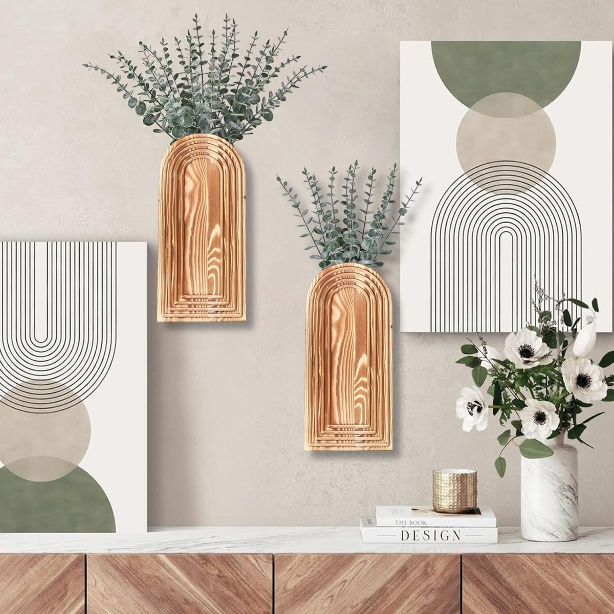 Dnnnii 2 Pack Wooden Wall Vase Set - Brown Finish Modern Farmhouse &amp; Boho Wall Decor for Entryway, Hallway, Bathroom, Living Room, Dining Room, Narrow Spaces - Homesidy.com
