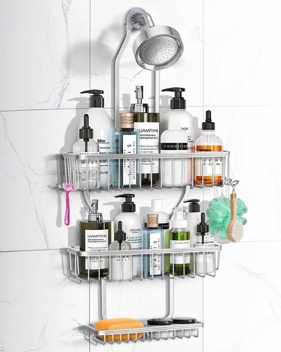 MSAICOE Shower Caddy Hanging - Never Rust Shower Hanging Organizer - Aluminum Over the ShowerHead Caddy with Soap Basket and 6 Hooks for Razor/Sponge (Black) - Homesidy.com