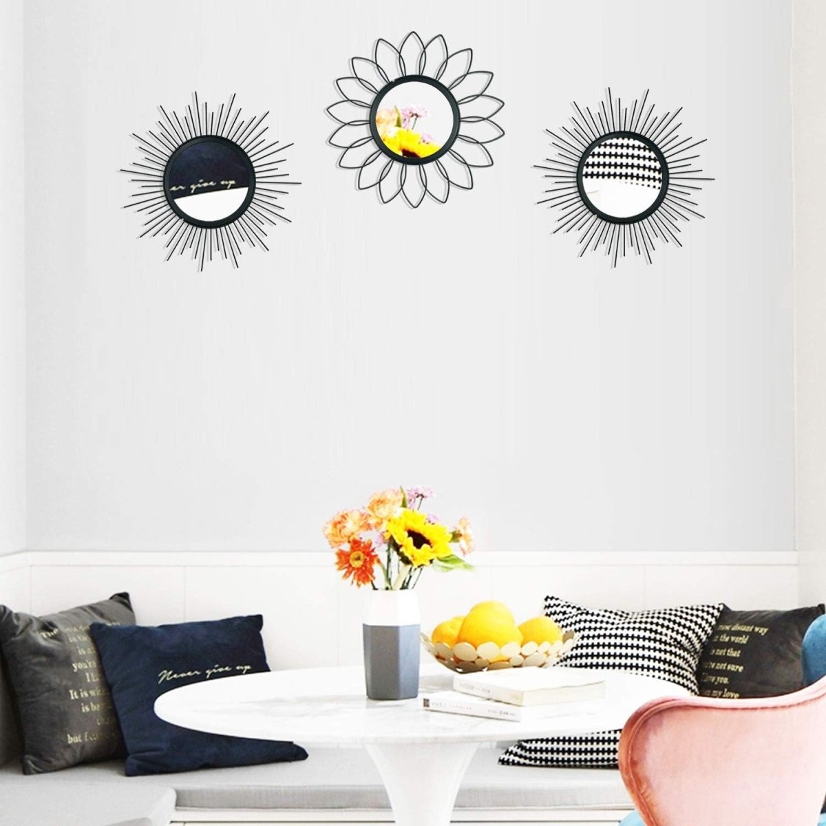 3 Pack Metal Mirrors for Wall Sunburst Wall Mirrors Home Décor Decorative Hanging Wall Art for Living Room Bedroom Entryway (Gold, Flower Sunburst) - Homesidy.com