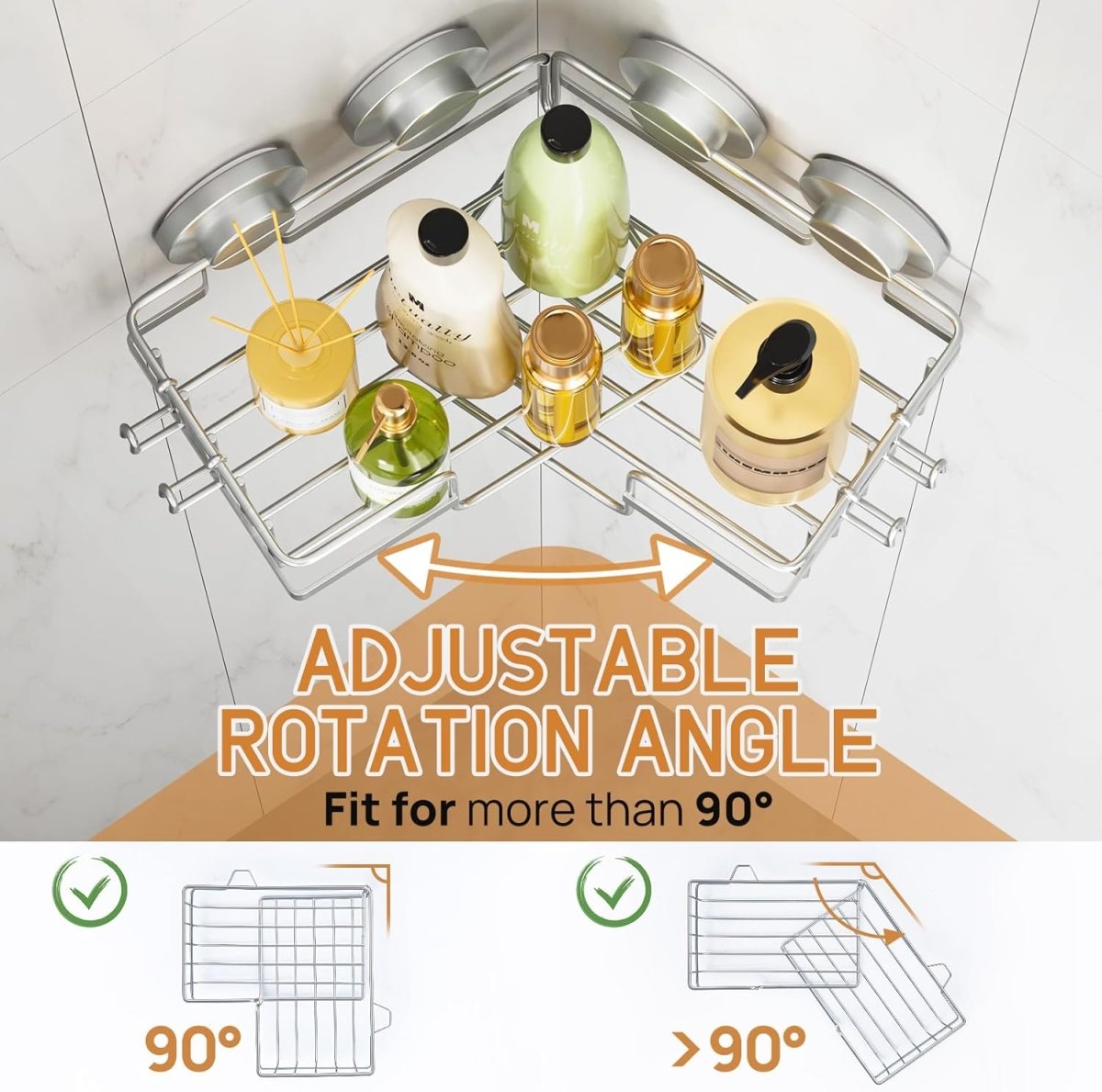 LEVERLOC Corner - adaptive Suction Cup Shower Caddies 2 Pack, Stainless Steel Rustproof Corner Shower Shelf, Large Capacity Removable Suction Cup Bathroom Organizer, Drill - Free Wall Mounted Basket, Gray - Homesidy.com