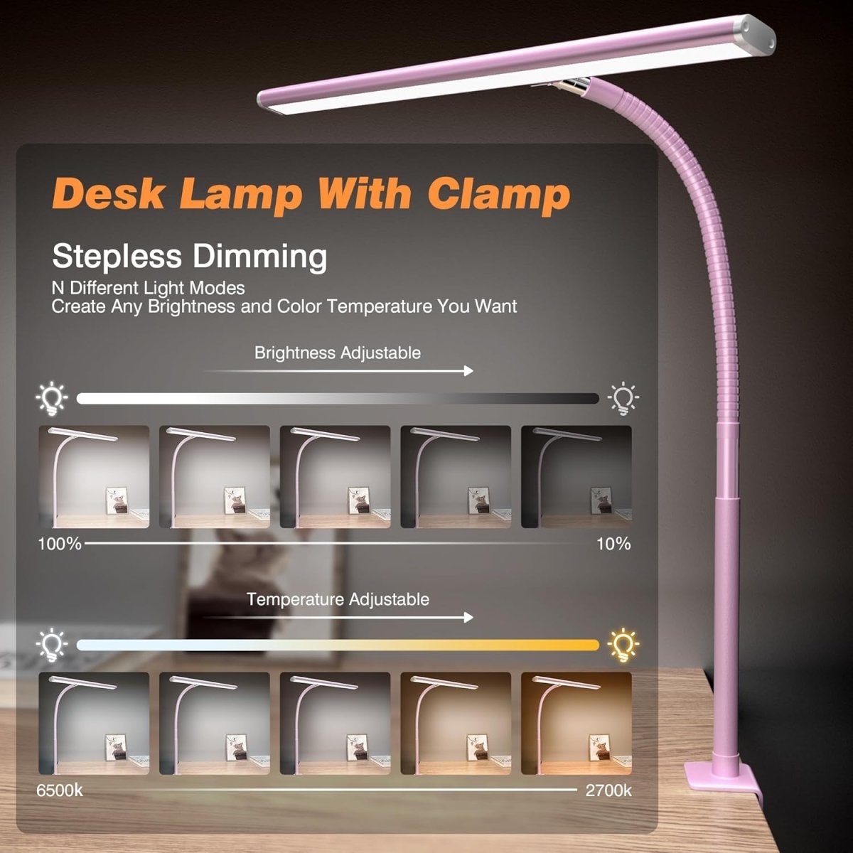 Airlonv LED Desk Lamp for Office Home, Eye - Caring Desk Light with Stepless Dimming Adjustable Flexible Gooseneck, 10W USB Adapter Desk Lamp with Clamp for Reading, Study, Workbench (Black) - Homesidy.com