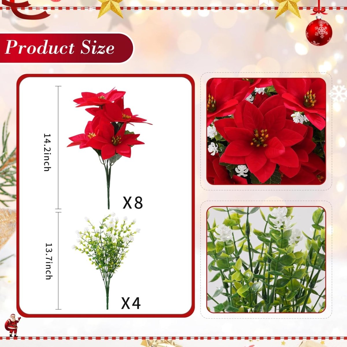 MOIAVAN 12 Bunches Poinsettias Artificial Christmas Flowers for Outdoors,14 Fake Red Poinsettias Faux Eucalyptus Plants UV Resistant for Home Planters Garden Porch Christmas Winter Spring Décor - Homesidy.com