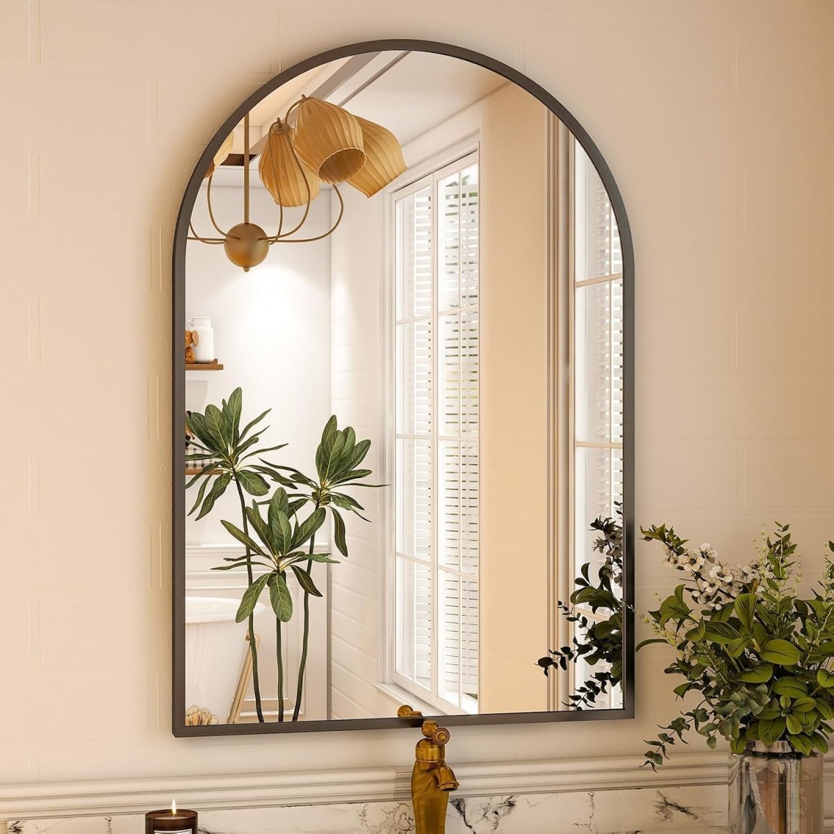 VooBang Arched Wall Mirror, 30 x 38 inch Arch Bathroom Mirror, Wall Mounted Vanity Mirror with Arch Metal Frame, Modern Bathroom Vanity Mirror for Bedroom, Living Room, Hanging or Leaning, Black - Homesidy.com
