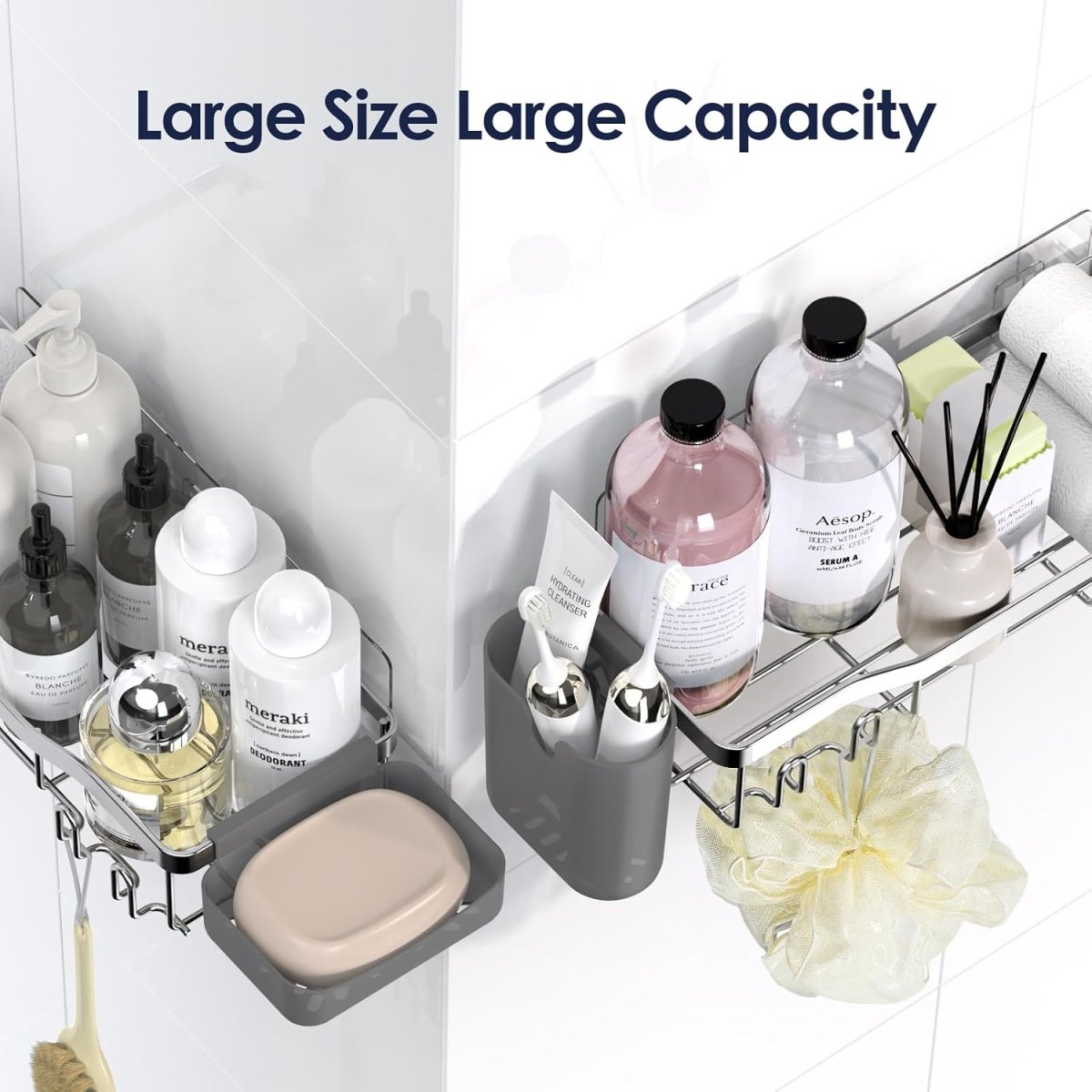 NESOMI Shower Caddy Adhesive Shower Organizer 7 - Pack, Rustproof Stainless Steel Bathroom Shelves, Large Capacity No - Drill Rack Storage Accessories with Soap Dish Toothbrush Holder &amp;24 Hooks Home Decor - Homesidy.com