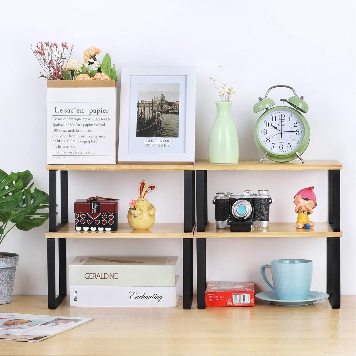 NEX Bamboo Kitchen Cabinet and Counter Shelf Organizer, Stackable &amp; Expandable, Set of 4, White and Natural - Homesidy.com