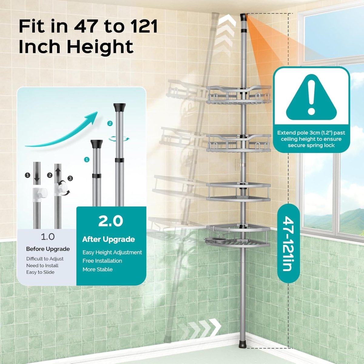 HAMITOR Corner Shower Caddy Tension Pole: Rustproof 4 - Tier Bathroom Organizer Shelves for Bathtub Shampoo Storage - 47 - 121 Inch Quick Install Adjustable Rod Standing Rack with Soap Rack - Silver Gray - Homesidy.com