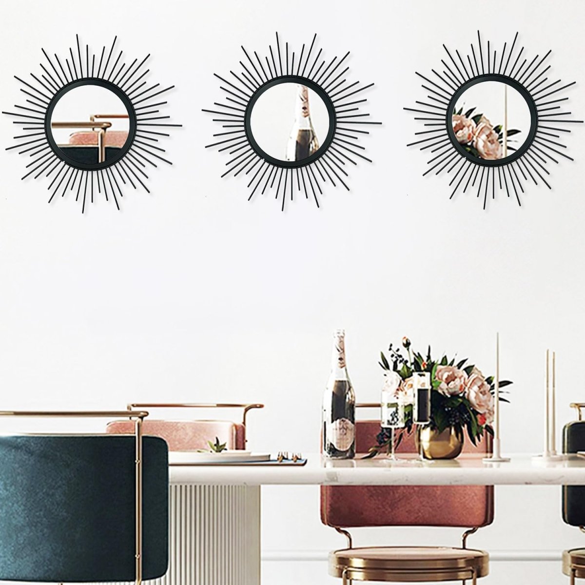 3 Pack Metal Mirrors for Wall Sunburst Wall Mirrors Home Décor Decorative Hanging Wall Art for Living Room Bedroom Entryway (Gold, Flower Sunburst) - Homesidy.com