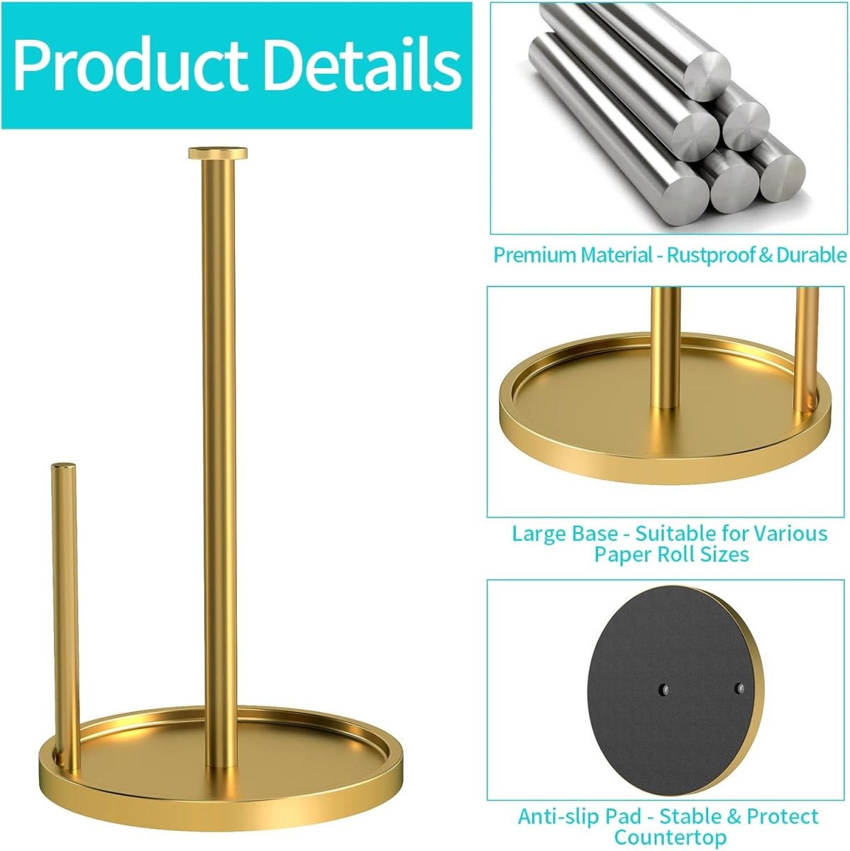 Paper Towel Holder Countertop, Standing Paper Roll Holder with Anti Slip Weighted Base, Stainless Steel Freestanding Paper Towel Holder for Kitchen, Black - Homesidy.com