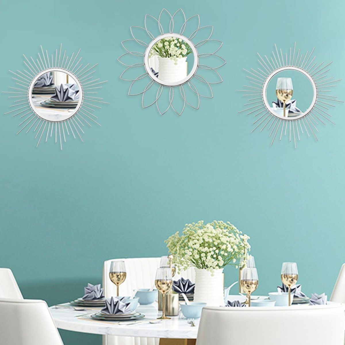 3 Pack Metal Mirrors for Wall Sunburst Wall Mirrors Home Décor Decorative Hanging Wall Art for Living Room Bedroom Entryway (Gold, Flower Sunburst) - Homesidy.com