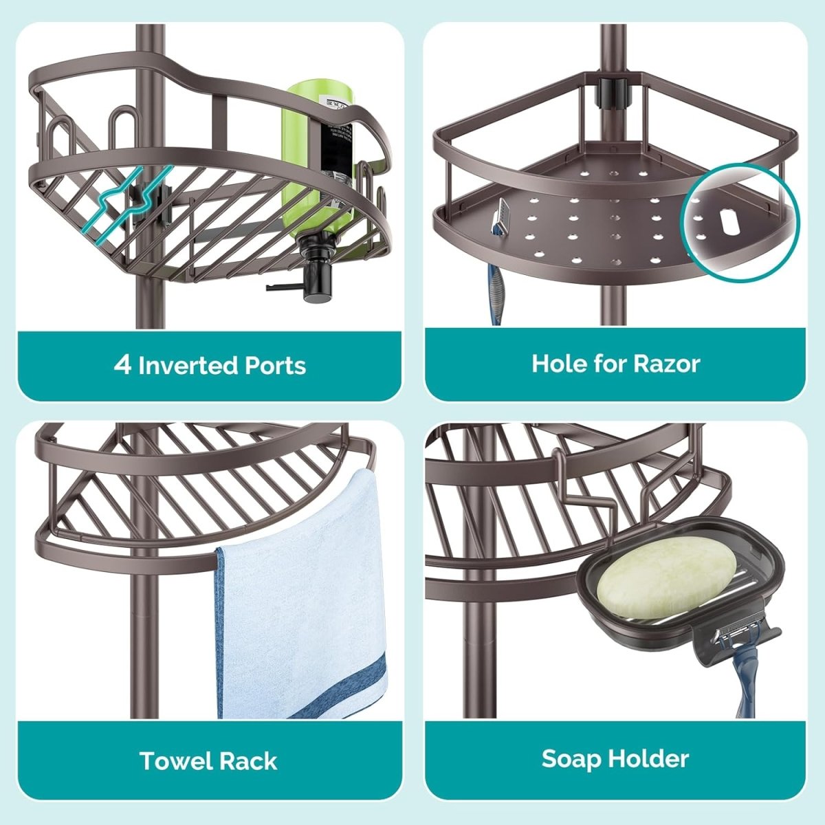 HAMITOR Corner Shower Caddy Tension Pole: Rustproof 4 - Tier Bathroom Organizer Shelves for Bathtub Shampoo Storage - 47 - 121 Inch Quick Install Adjustable Rod Standing Rack with Soap Rack - Silver Gray - Homesidy.com