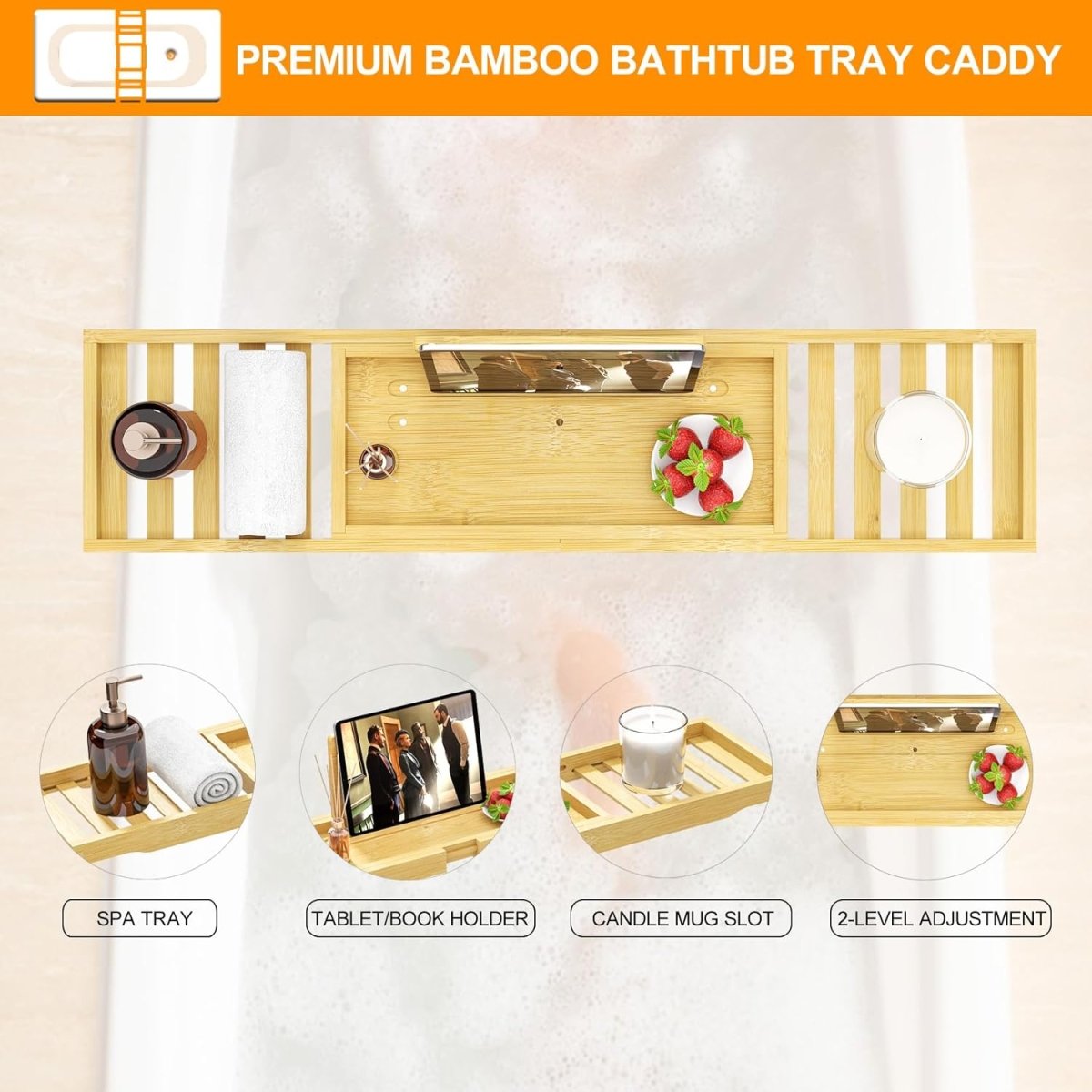 Premium Bamboo Bathtub Tray Caddy - Bath Tub Tray Table for Bathtub - Bath Caddy Tray for Bathtub, Expandable Size, Fits Most Bath Tubs - Homesidy.com