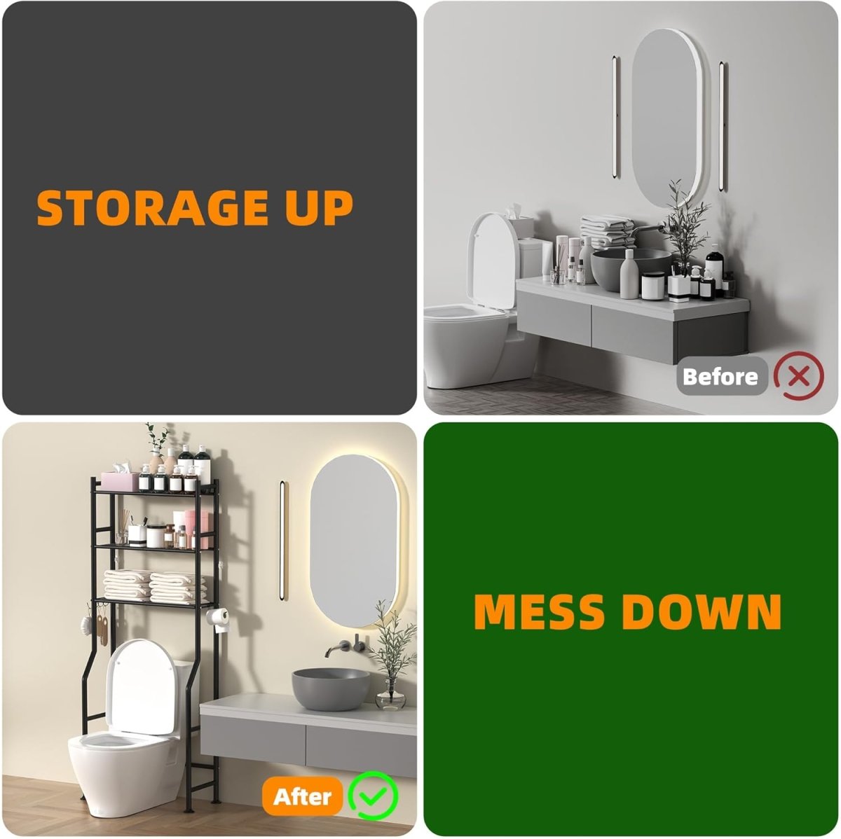 GloTika 3 - Tier Over The Toilet Storage, Space Saver Metal Bathroom Shelves, Freestanding Above Over Toilet Storage Shelf with 4 Hooks for Bathroom, Black - Homesidy.com