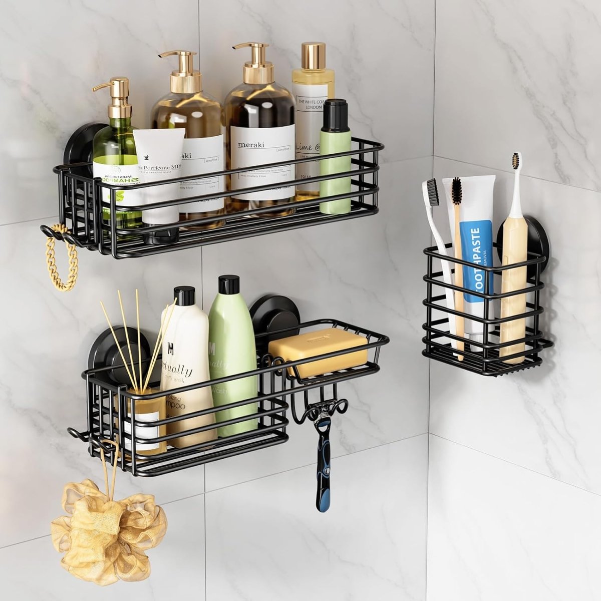 LEVERLOC Shower Caddy Suction Cup, 2 Pack Shower Shelves for Inside Shower with Hooks &amp; Soap Holder, NO - Drilling Bathroom Shower Organizer, Rustproof Meatl Shower Holder Storage, Black - Homesidy.com