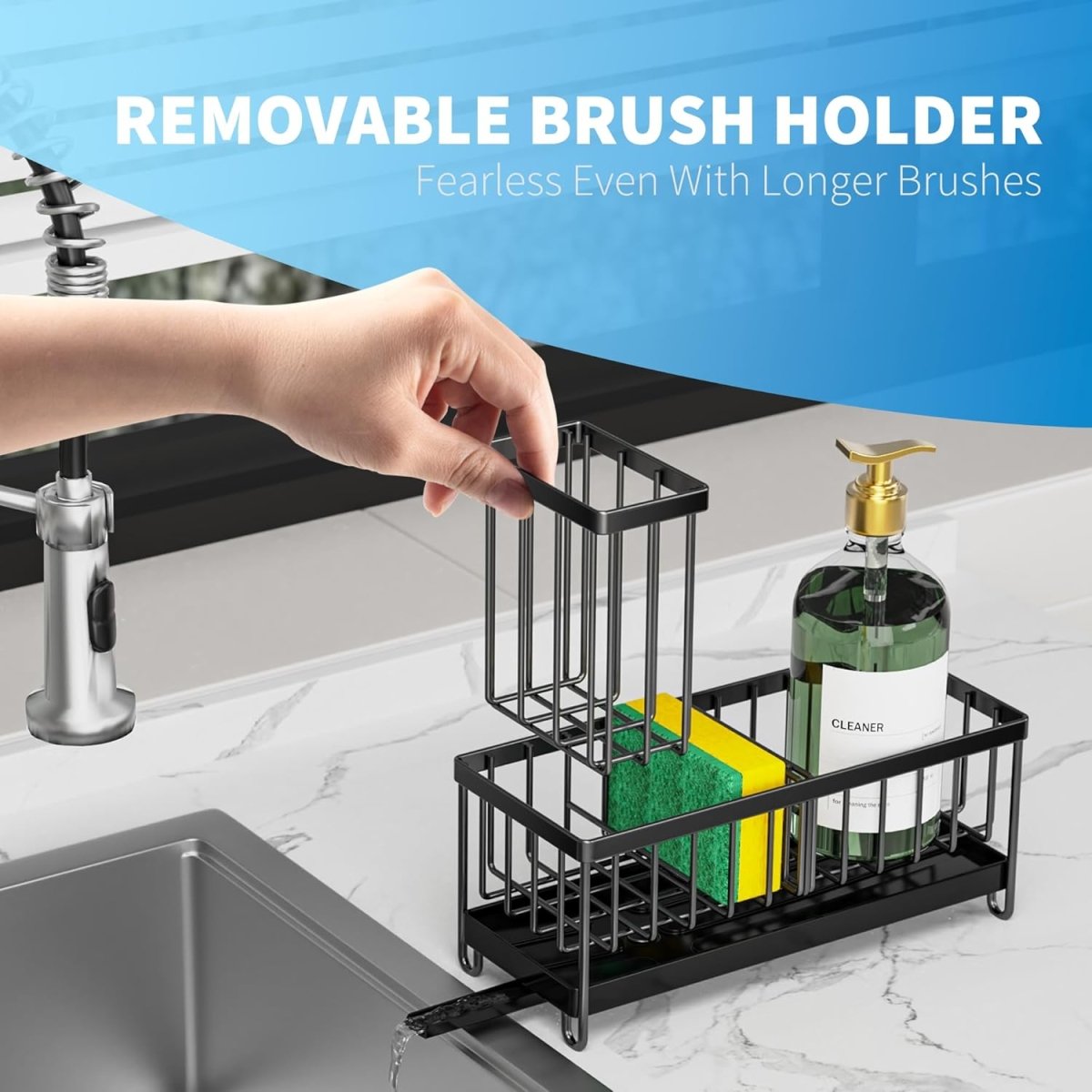 Cisily Black Sponge Holder for Kitchen Sink, Sink Caddy Organizer with High Brush Holder, Kitchen Countertop Organizers and Storage Essentials, Rustproof 304 Stainless Steel, Soap Dispenser Organize - Homesidy.com