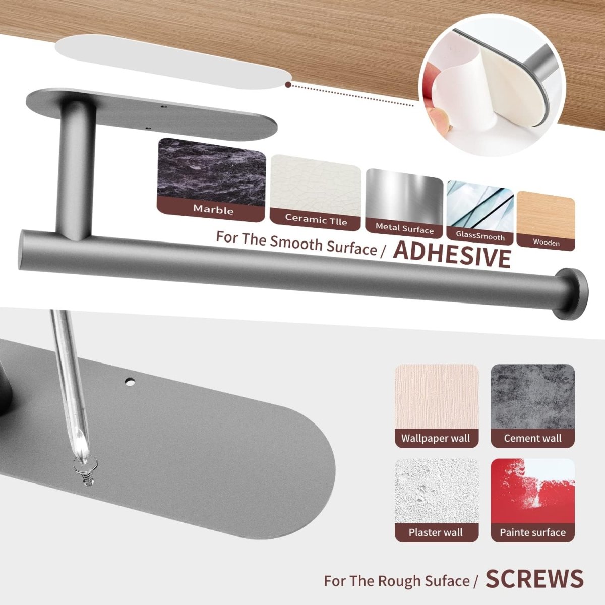 DEKAVA Paper Towel Holder Under Cabinet Wall Mount for Kitchen Towel, Self - Adhesive Bar, Rack, SUS304 Stainless Steel 13 inch (BlackA, 1) - Homesidy.com