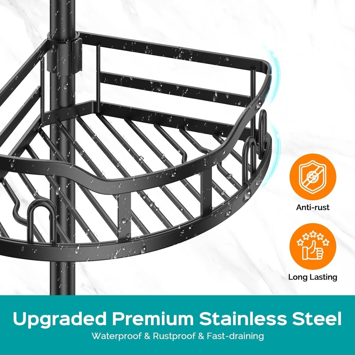 HAMITOR Corner Shower Caddy Tension Pole: Rustproof 4 - Tier Bathroom Organizer Shelves for Bathtub Shampoo Storage - 47 - 121 Inch Quick Install Adjustable Rod Standing Rack with Soap Rack - Silver Gray - Homesidy.com