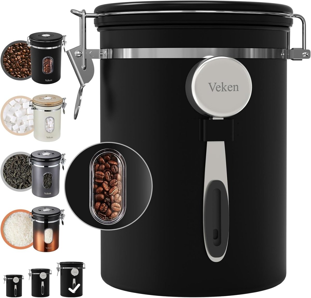 Veken Coffee Canister with Window,Airtight Stainless Steel Pantry Container,Home Kitchen Food Storage Organizers for Ground,Beans,Espresso,Rice,Tea,Sugar,Cereal, Flour,Bar Accessories,Gifts,22OZ,Black - Homesidy.com