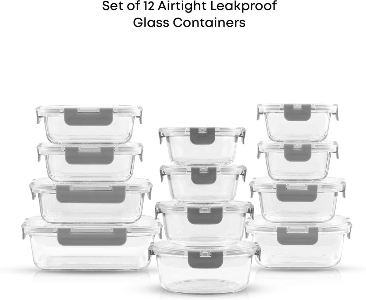 JoyJolt 24pc Borosilicate Glass Storage Containers with Lids | 12 Airtight/Freezer Safe Food Storage Containers for Pantry and Kitchen | Meal Prep Container for Lunch | Glass Tupperware Set - Homesidy.com