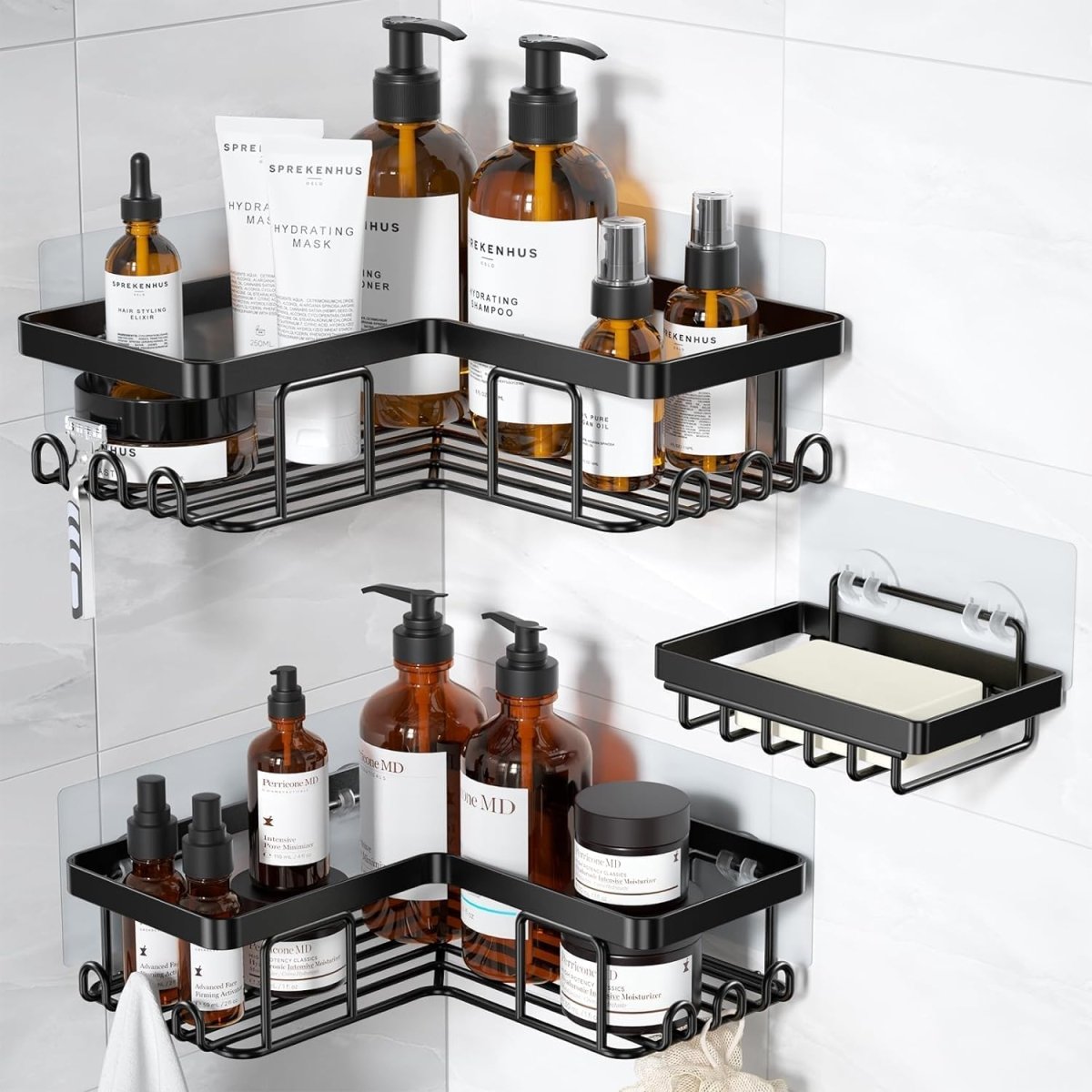 YASONIC Corner Adhesive Shower Caddy, with Soap Holder and 12 Hooks, Rustproof Stainless Steel Bathroom Organizer, No Drilling Wall Mounted Rack, Black, 3 - Pack - Homesidy.com