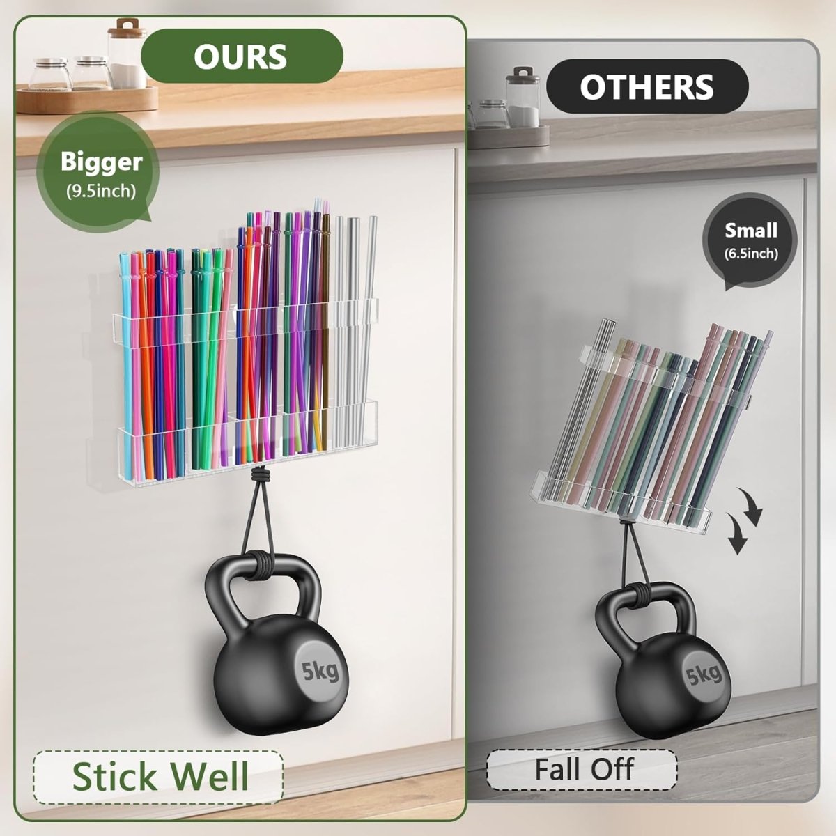 Malldii 9.5” Large Acrylic Straw Holder for Cabinet Door - Reusable Tumbler Straw Organizer Storage, Small Kitchen Accessories Container, Ultra Sticky Cupboard Door Mounted (Transparent) - Homesidy.com